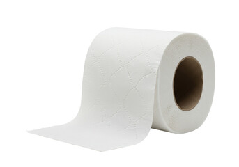 Isolated roll of quilted toilet paper, ready to use in the bathroom or restroom facility