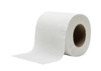 Isolated roll of quilted toilet paper, ready to use in the bathroom or restroom facility