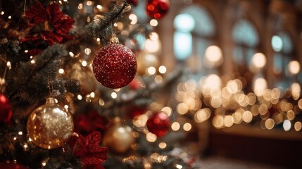 closeup view of beautifully decorated christmas tree adorned with red and gold ornaments surrounded by enchanting bokeh lights creating a festive atmosphere