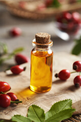 A transparent bottle of rosehip seed oil with fresh rose hips