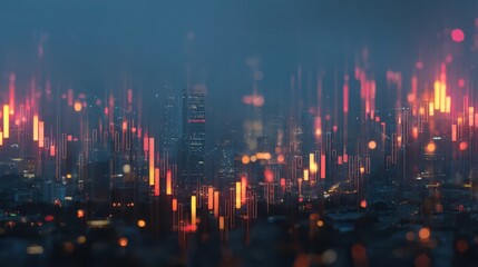 abstract glowing big data forex candlestick chart on blurry city backdrop trade technology investment and analysis concept double exposure no logos no brands ar 169