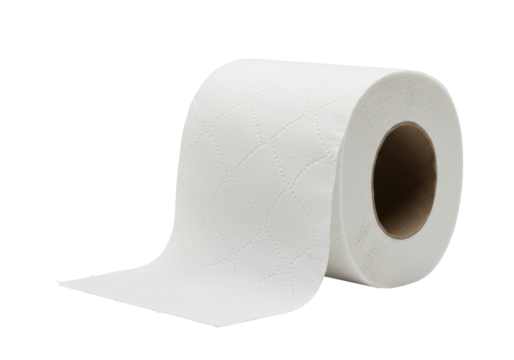 Isolated roll of quilted toilet paper, ready to use in the bathroom or restroom facility