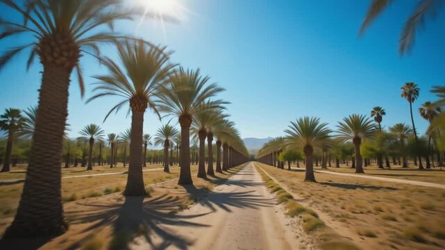 Enjoy a tranquil stroll through a lush date palm grove under the bright sunshine. 4k video