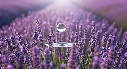 Lavender field with water droplet, and serenity.