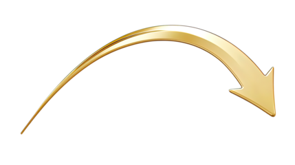 Shiny Golden Metallic Arrow Curving Downwards to the Right, a Transparent Png Cutout Image for Illustrating Decline or Success