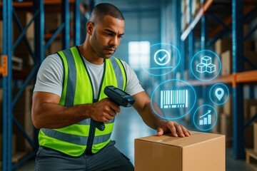 warehouse worker scanning a cardboard box in a modern distribution center, using technology for inventory and logistics
