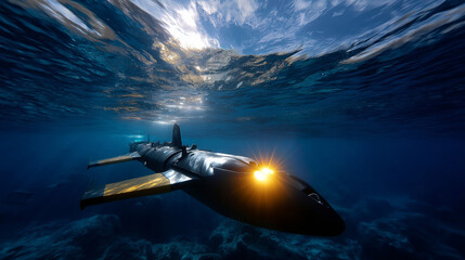 Fototapeta premium Dramatic low-angle view: underwater vehicle lit from below, with ocean surface faintly visible in the distance.