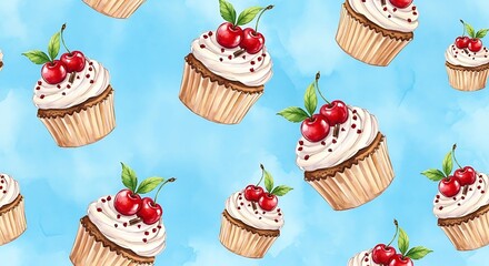 Cherry Cupcakes Seamless Pattern.