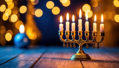 Elegant Hanukkah scene with a lit menorah on a wooden table, nine glowing candles, warm light, and festive bokeh. Perfect for holiday branding, cultural events, and World Religion Day campaigns.