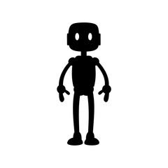 Stylized silhouette of a humanoid robot character standing on a white backdrop