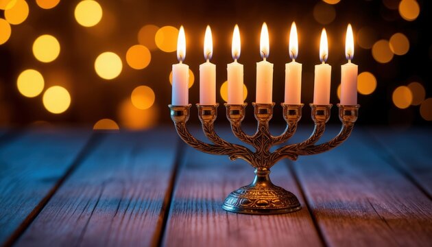 Elegant Hanukkah scene with a lit menorah on a wooden table, nine glowing candles, warm light, and festive bokeh. Perfect for holiday branding, cultural events, and World Religion Day campaigns. - Powered by Adobe