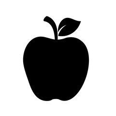 Bold black apple silhouette with a leaf and stem on a white background