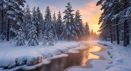 Winter Sunrise with Snowy Forest River.