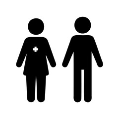 Simple black and white illustration of gender icons including healthcare professional