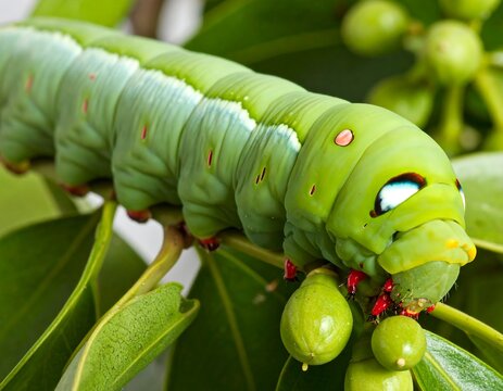 Close-up of a vibrant green caterpillar on leaves
