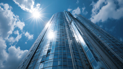 modern skyscraper blue sky sun glare urban building city skyline glass tower highrise architecture commercial office corporate building exterior design landscape