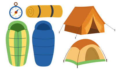 Camping equipment set  with tents, sleeping bags, compass, and travel mat. Outdoor adventure collection perfect for hiking clipart, summer camp graphics, travel icons, picnic posters.
