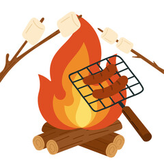 Campfire with sausages on a grill and marshmallows on sticks roasting over flames. Cozy camping design perfect for outdoor adventure graphics, picnic clipart, summer barbecue posters.