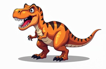 Vibrant orange cartoon T-Rex dinosaur with fierce expression, sharp teeth, dark stripes. Playful prehistoric predator illustration perfect for children stories, educational content, fun graphic