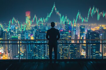 Back View of Man Looking at Candlestick Charts and Glowing Night City Skyline
