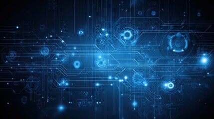 Fototapeta premium digital blue background image with technology symbols no logos no brands ar 169