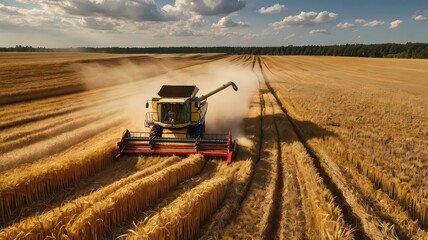 Obraz premium Aerial view of combine harvester working in a wheat field at sunset