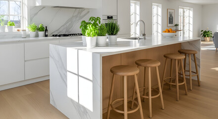 Fototapeta premium Contemporary Kitchen Design with Marble Countertop, Wooden Stools and Plants