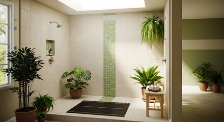 Fototapeta premium Cozy Bathroom Design With Natural Elements and Plants Creating A Relaxing Ambiance