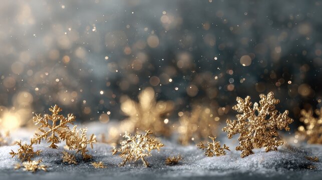 golden snowflakes falling on snowy ground winter wonderland background holiday card
