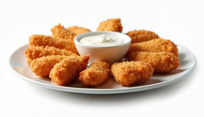 Golden brown crispy fried chicken tenders served with creamy ranch dressing dip on white plate. Delicious breaded meat pieces, perfect for quick meal, lunch, dinner snack. Savory poultry dish,