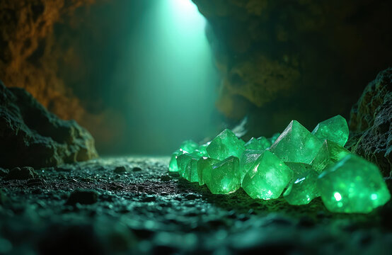 Luminous emerald crystals gleam within dark cave. Shaft of light illuminates vibrant green gems, faceted surfaces, brilliant sparkle. Natural formation suggests hidden treasure, geological wonder of