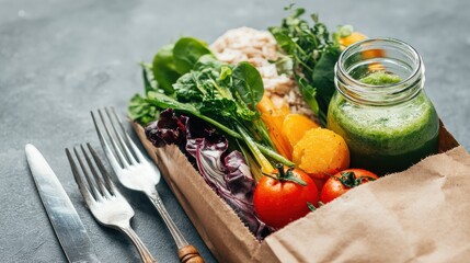 healthy meal slimming diet plan daily ready menu background organic fresh dishes and smoothie fork knife on paper eco bag as food delivery courier service at home in office concept close up view no l