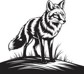 A stark black and white vector illustration of a wild fox standing alert on a grassy hill, rendered in a bold, minimalist graphic style