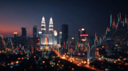forex trade market concept with digital indicators graphs financial diagram at night kuala lumpur city background double exposure no logos no brands ar 169