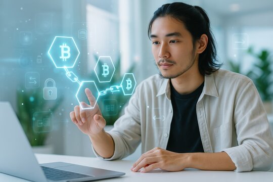 Asian man exploring blockchain technology