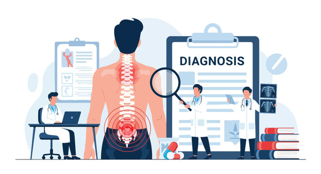 Flat style illustration of chiropractor diagnosis with doctors analyzing spine pain, medical charts, and X-rays, emphasizing healthcare treatment, posture correction, and rehabilitation for patient
