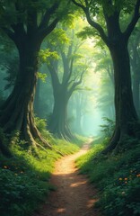 Naklejka premium Verdant forest path winding through towering trees with green foliage. Sunlight streams through canopy, illuminating hazy, ethereal atmosphere. Earthy tones, organic plant life create serene, natural