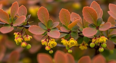Yellow flowers with red leaves, and spring branch.