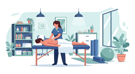 Flat style illustration of massage therapy session with therapist giving back massage to patient in wellness clinic, emphasizing relaxation, stress relief, and alternative healthcare treatment