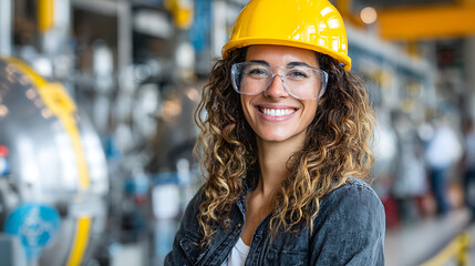 beautiful female engineer smiling at factory professional portrait industrial worker technology safety helmet construction career industry equipment operation facility manufacturing