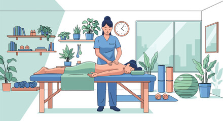 Flat style illustration of massage therapy session with therapist giving back massage to patient in wellness clinic, emphasizing relaxation, stress relief, and alternative healthcare treatment