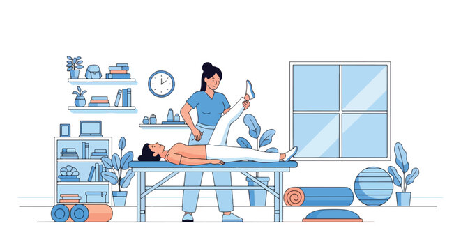 Flat style illustration of chiropractor treatment with therapist stretching patient’s leg on table, highlighting physiotherapy, rehabilitation, posture correction, and alternative healthcare for pain