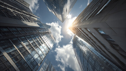Upward view of modern glass skyscrapers reflecting sunlight against a vibrant blue sky with white clouds.