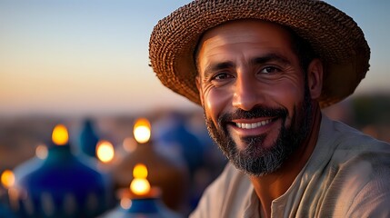 Middle-aged Hispanic man with beard wearing straw hat smiling at sunset, warm golden hour lighting with blurred bokeh lights and blue domes in background, authentic lifestyle portrait.