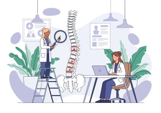 Flat style illustration of chiropractor treatment with doctor examining spine and patient sitting at desk, highlighting back pain therapy, posture correction, and medical healthcare concept