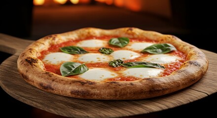 Close up of a margherita pizza with basil on a wooden peel in front of a blurred oven background