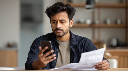 young indian businessman holding phone reading bank receipt calculating taxes ethnic man using smartphone mobile application checking bill document managing money finances loan expenses no logos no b