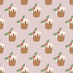 Seamless Christmas pudding pattern with holly and festive dessert illustration for holiday design