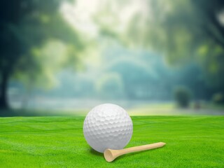 Golf clubs and white balls on beautiful green lawn