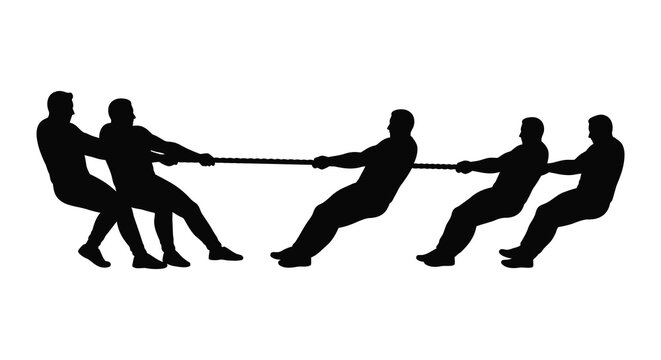 teamwork competition depicted through people pulling rope silhouette